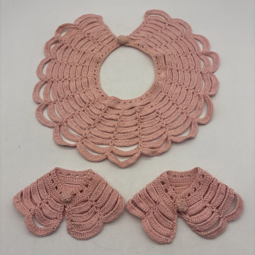 vtg. Hand Crochet Collar And Cuffs Pink